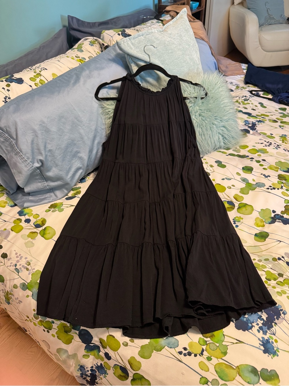 Flowy Black Tiered Halter Dress
